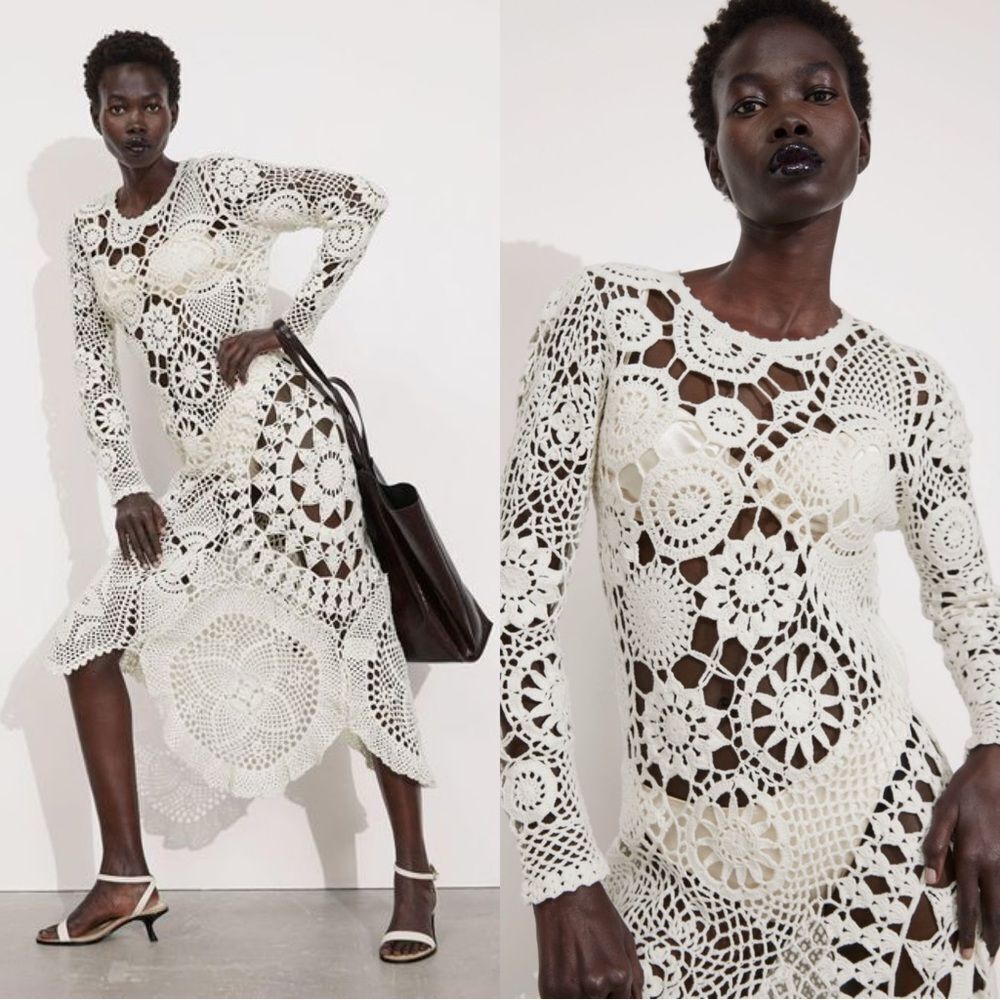 & Other Stories White Crochet Asymmetrical Midi Dress